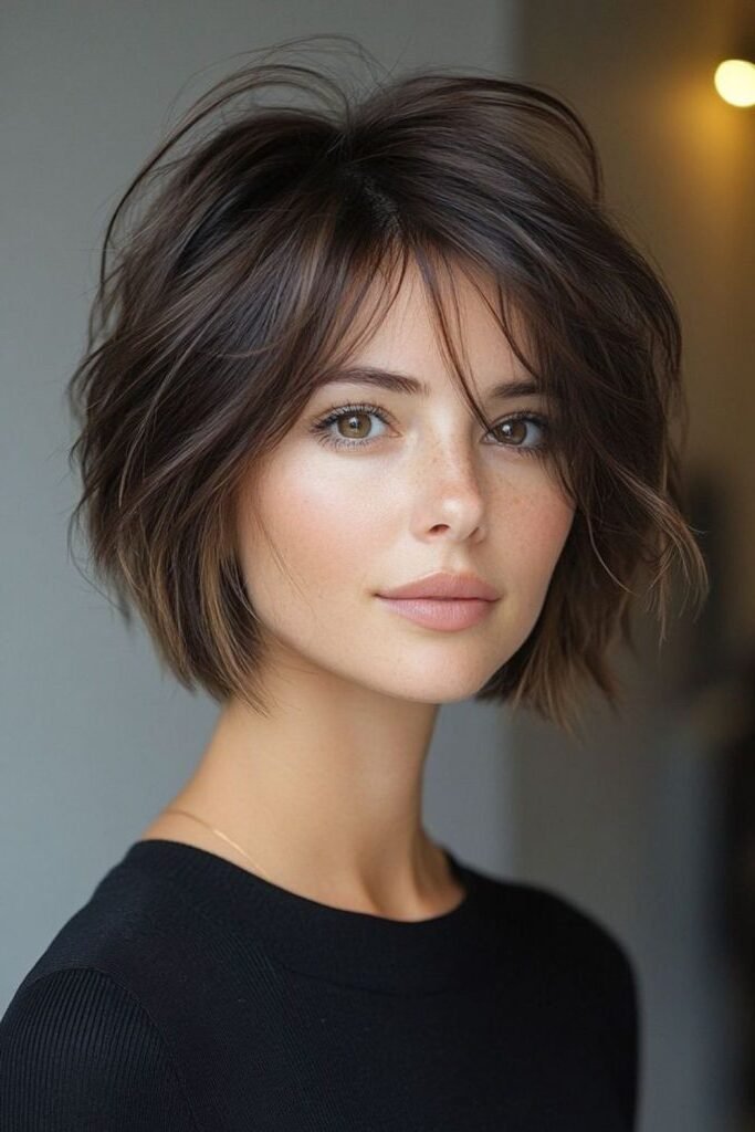 1. Voluminous Layered Dark Brown Bob with Bangs