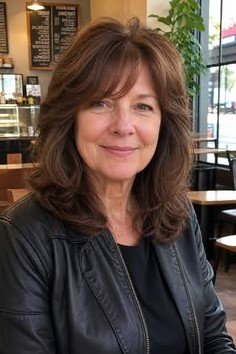 1. Voluminous Medium-Length Chestnut Layers with Side-Swept Bangs