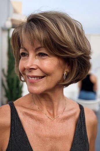 10. Classic Layered Bob with Side Fringe and Crown Volume