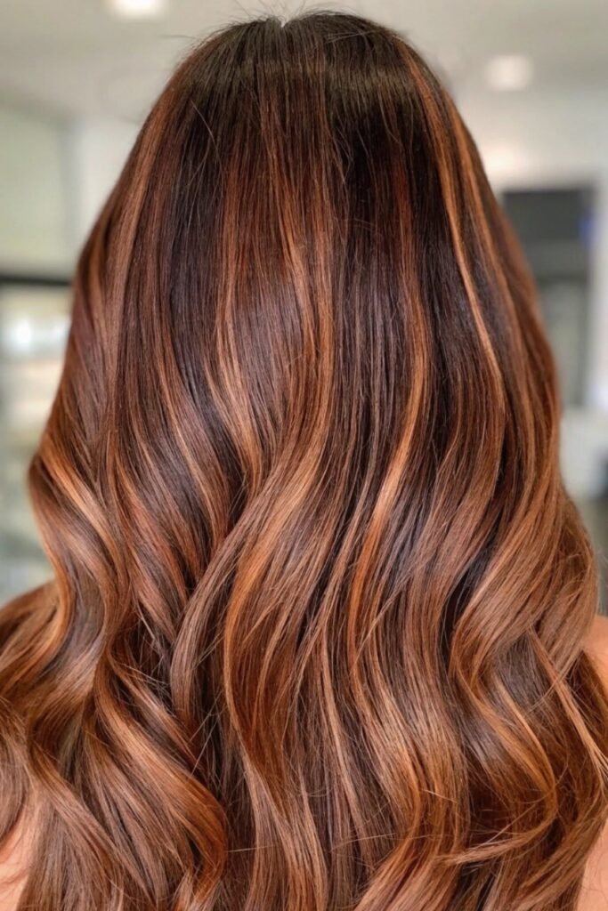 10. Deep Chocolate Brunette with Glossy Warm Copper Balayage