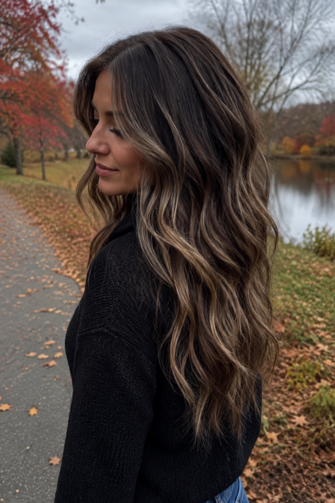 10. Deep Mocha Brunette Hair with Warm Honey-Brown Tone-on-Tone Balayage Waves Outdoors