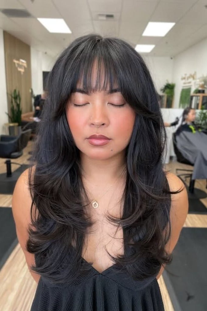 10. Full Straight-Across Fringe with Feathered Face-Framing Layers