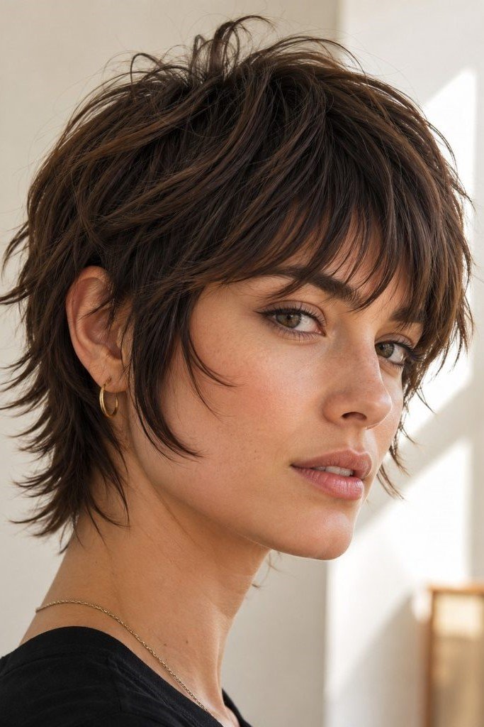 10. Layered Brunette Shaggy Pixie Cut with Face-Framing Layers