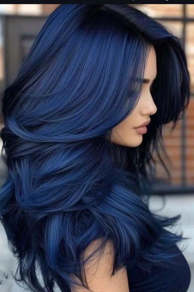10. (Long Layered Brunette Hair with Soft Denim Blue Balayage)