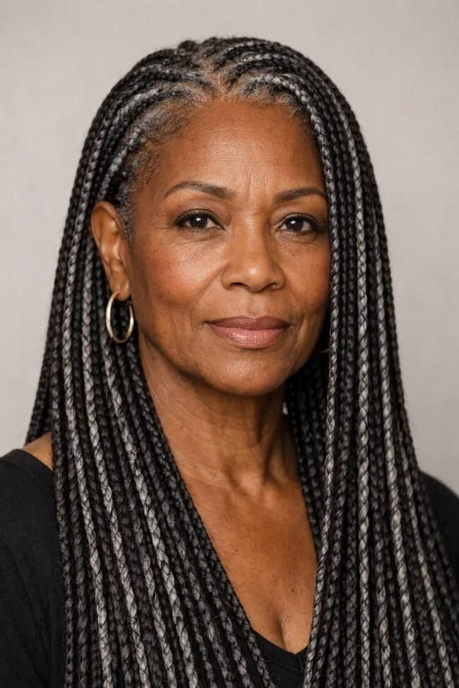 10. Long Salt-and-Pepper Box Braids with Center Part
