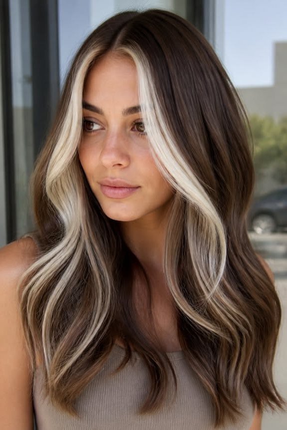 10. Long Wavy Dark Brunette Hair with Bold Platinum Money Piece