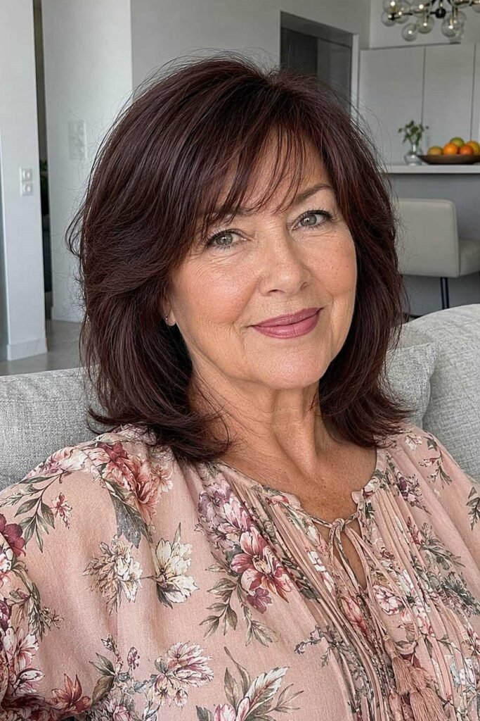 10. Rich Chocolate Brown Voluminous Lob with Side Fringe