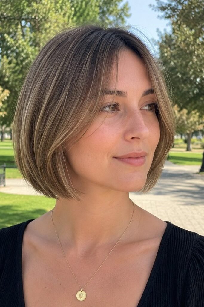 10. Rounded Bob with Subtle Blonde Highlights and Center-Parted Bangs