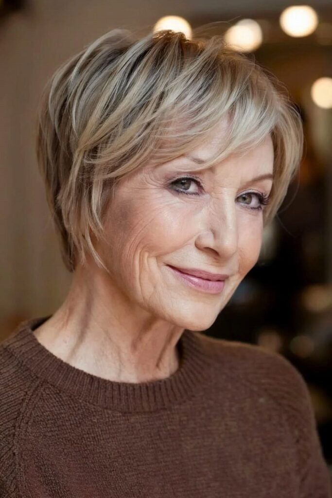 10. Soft Layered Blonde Pixie Bob with Side Parting