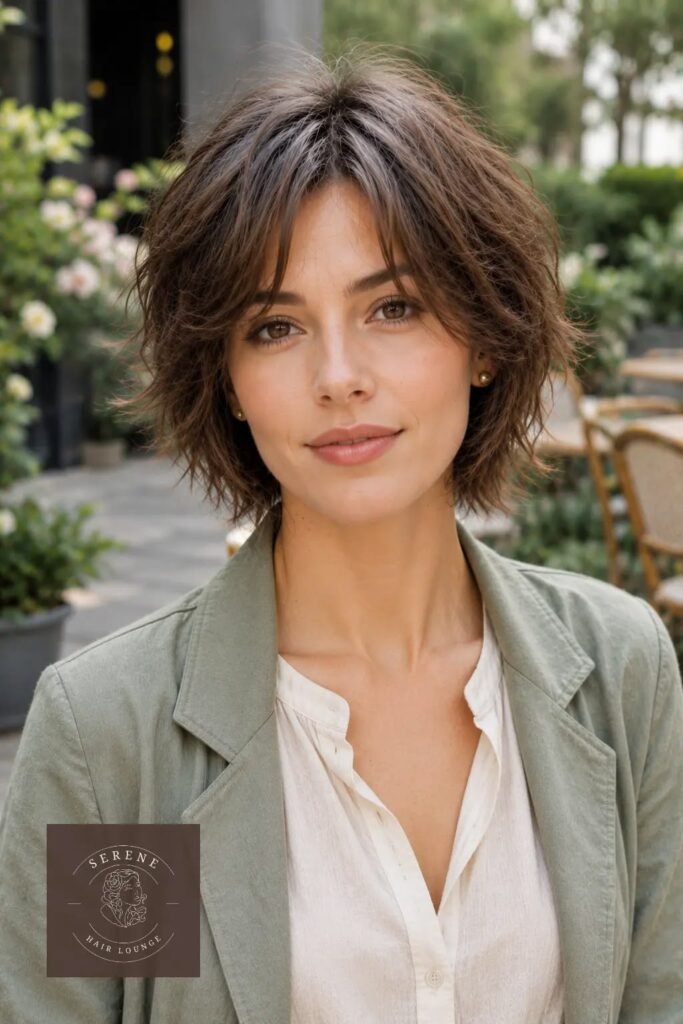 10. Soft Layered Chestnut Brown Shaggy Bob with Curtain Bangs