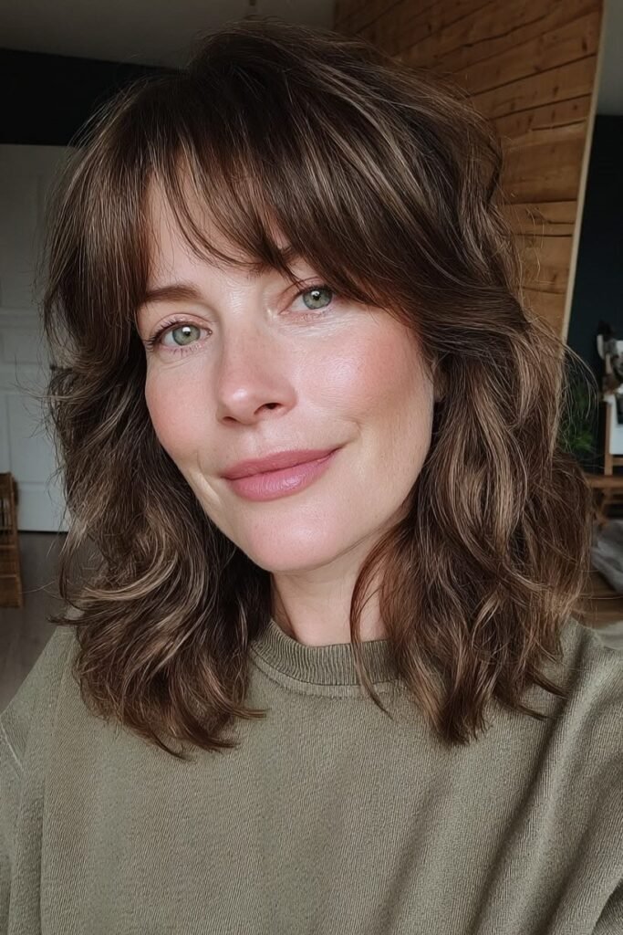 10. Soft Layered Medium Brown Shag with Wispy Fringe Bangs