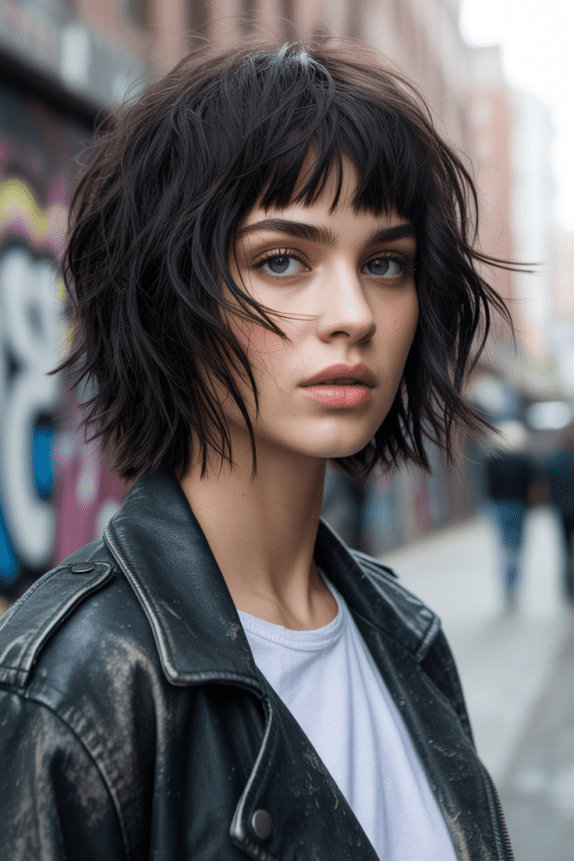 10. Textured Dark Charcoal Shag Bob with Choppy Micro Fringe
