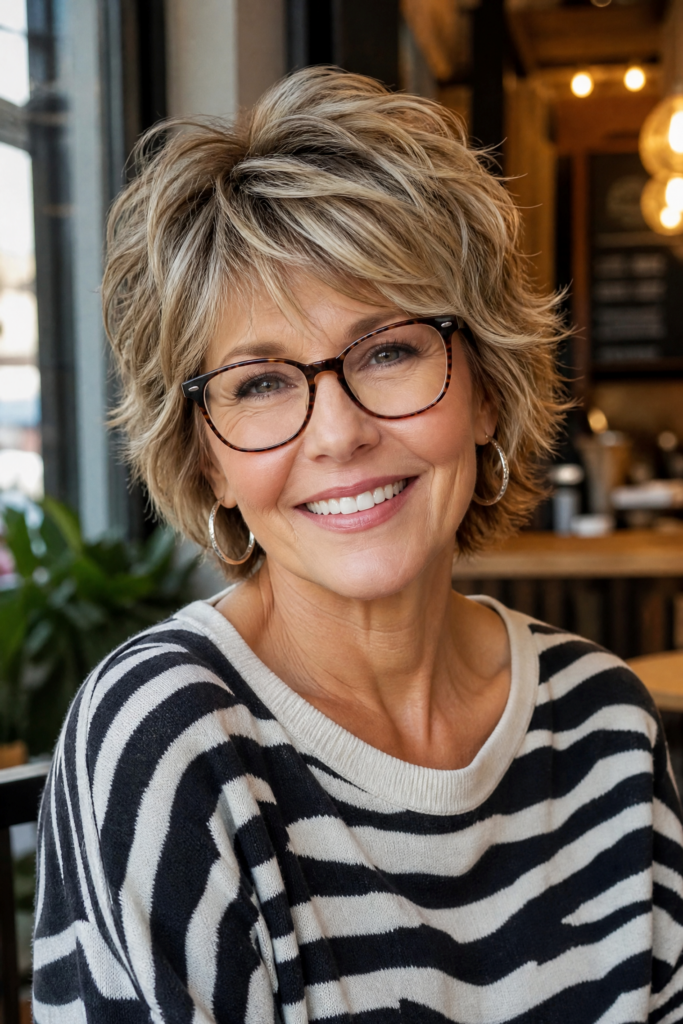 10. Tousled Shaggy Layered Bob with Fringe and Glasses