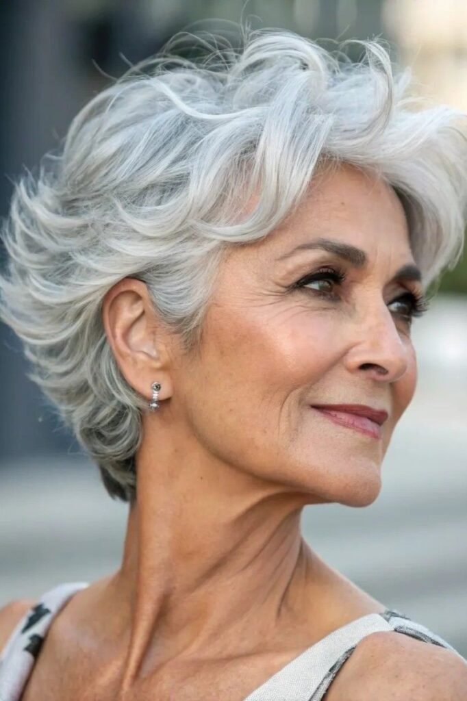 10. Voluminous Feathered Silver Pixie Bob with Soft Waves