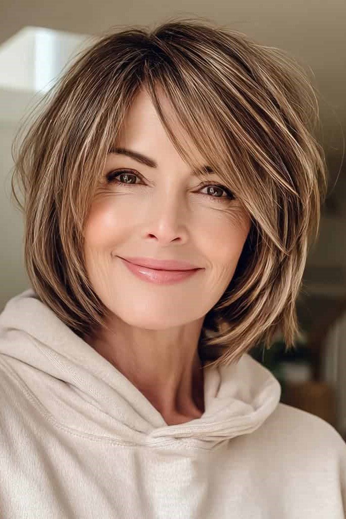 10. Voluminous Layered Brown Bob with Side-Swept Bangs