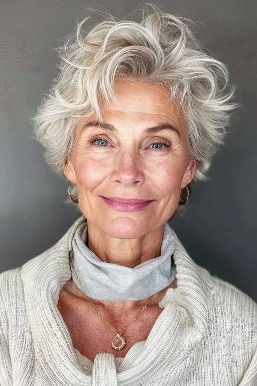 10. Wavy Silver Pixie Cut with Swept-Back Layers