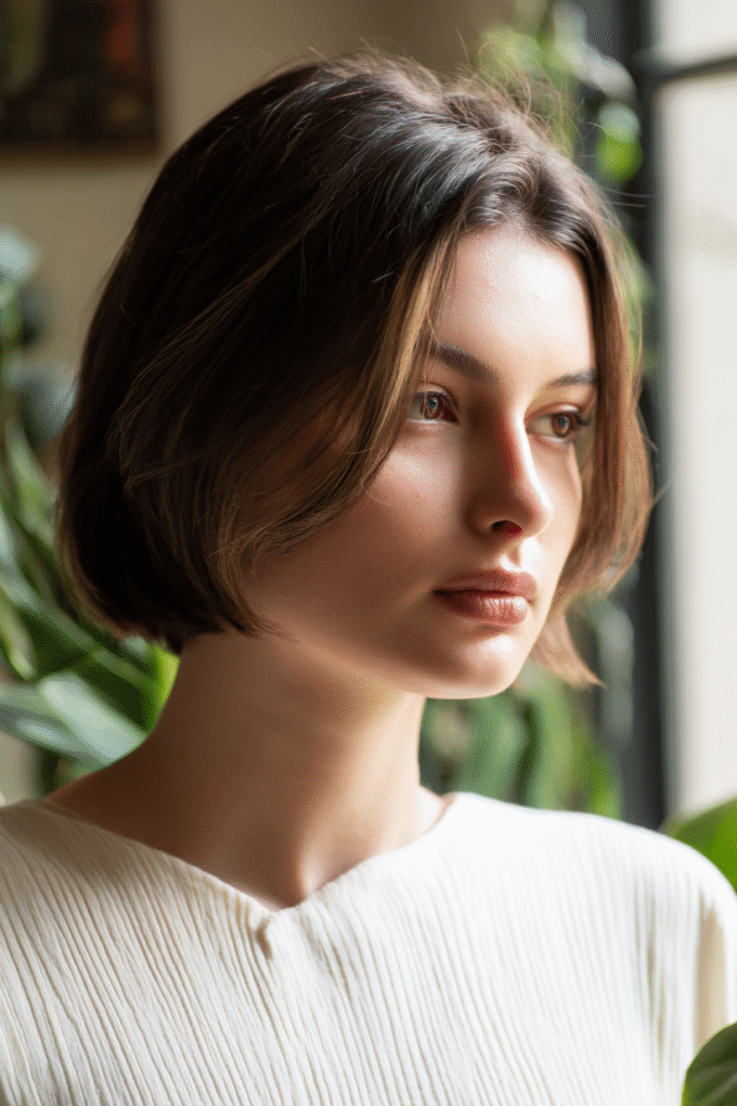 11. Center-Parted Soft Brunette Bob with Subtle Warm Highlights