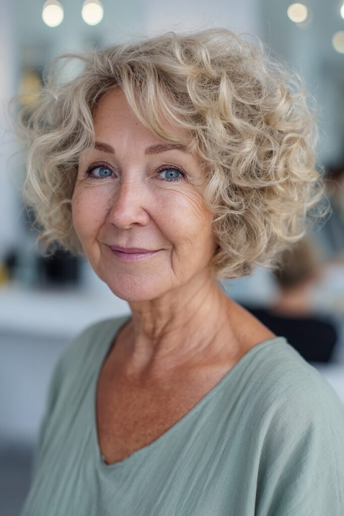 11. Curly Blonde Curly Bob with Soft Bangs