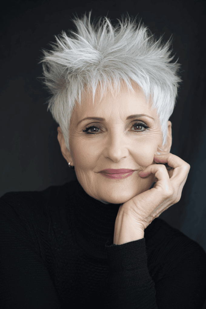 11. Edgy Platinum Spiky Pixie Cut with Piecey Fringe