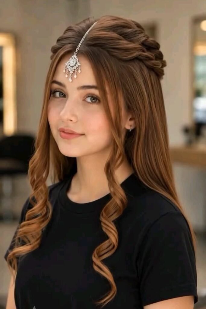 11. Half-Up Twisted Crown Style with Maang Tikka and Curled Tendrils