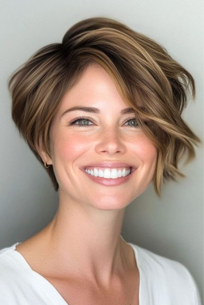 11. Layered Honey Blonde Pixie Bob with Side-Swept Bangs
