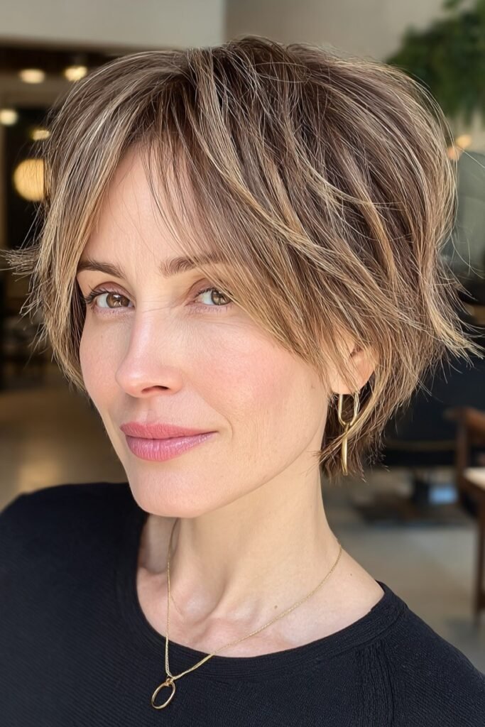 11. Layered Short Pixie Bob with Curtain Bangs and Subtle Highlights