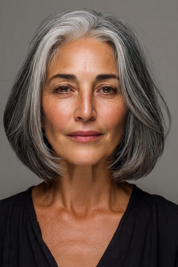 11. Salt-and-Pepper Center-Parted Soft Curved Bob