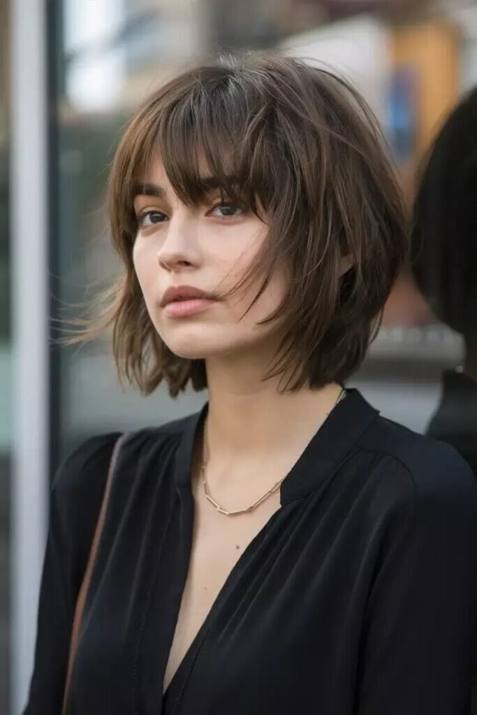 11. Shaggy Layered French Bob with Full Wispy Fringe Bangs