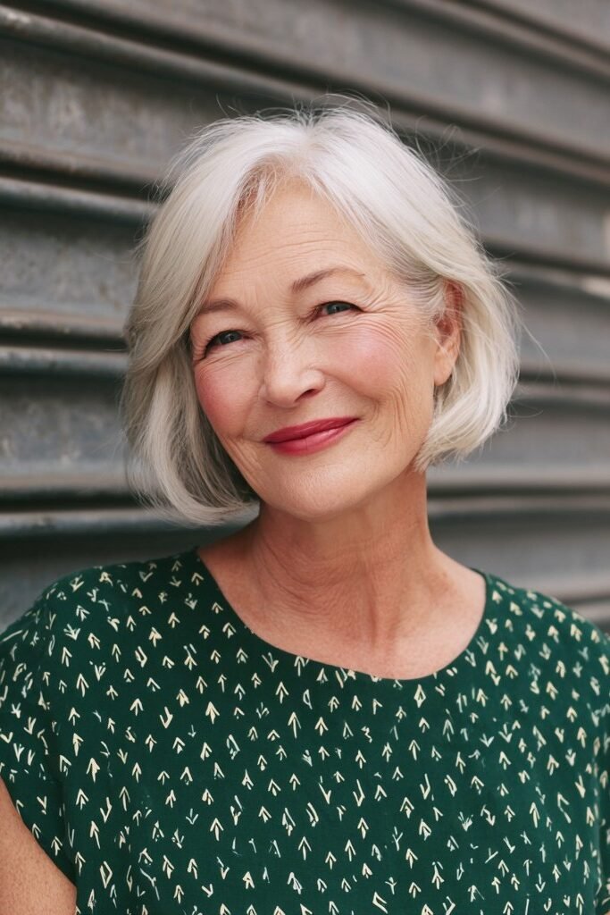 11. Short Silver Bob with Side-Swept Fringe