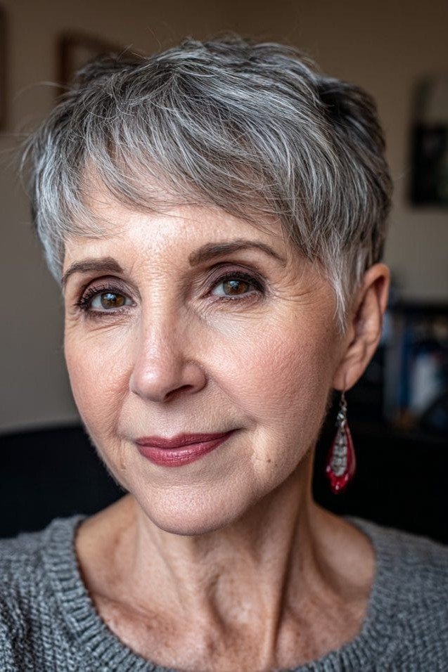 11. Short Textured Salt-and-Pepper Pixie with Wispy Bangs