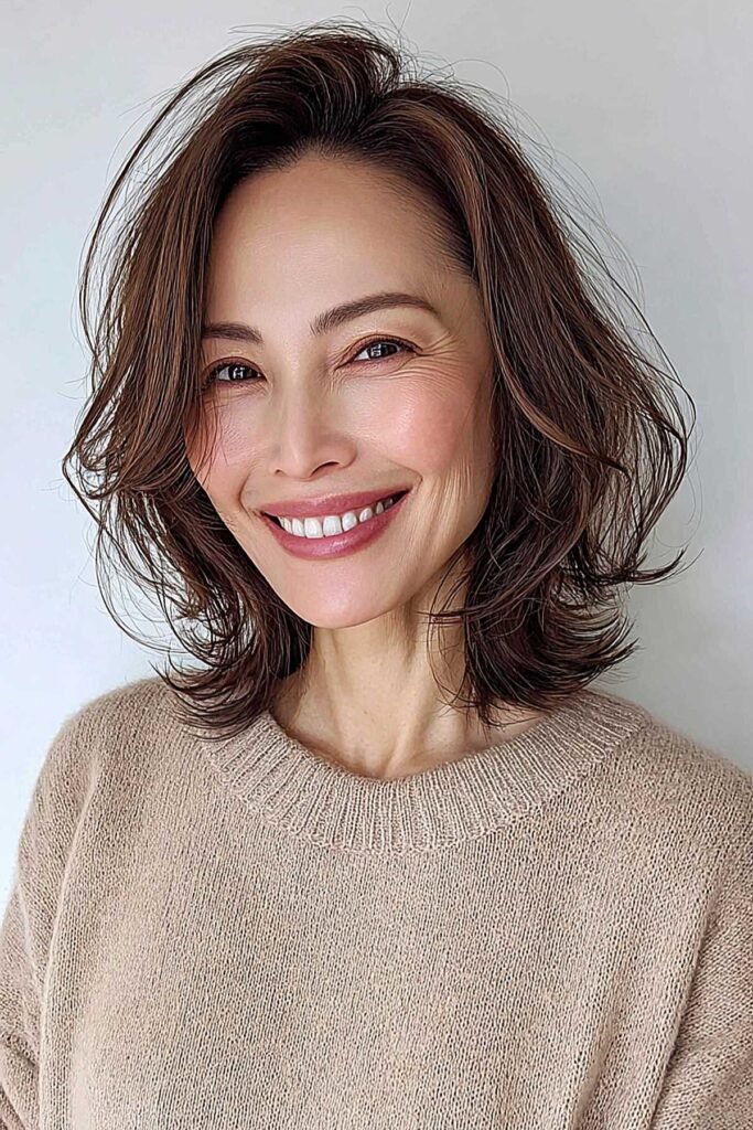 11. Short Wavy Warm Brunette Lob with Side Swept Fringe