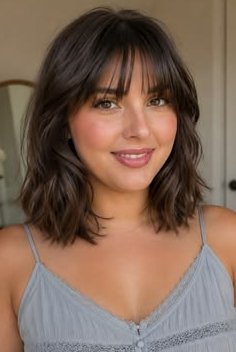 11. Shoulder-Length Textured Lob with Thin Wispy Bangs