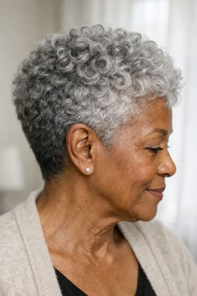 11. Silver Tapered Pixie Cut with Defined Ringlets