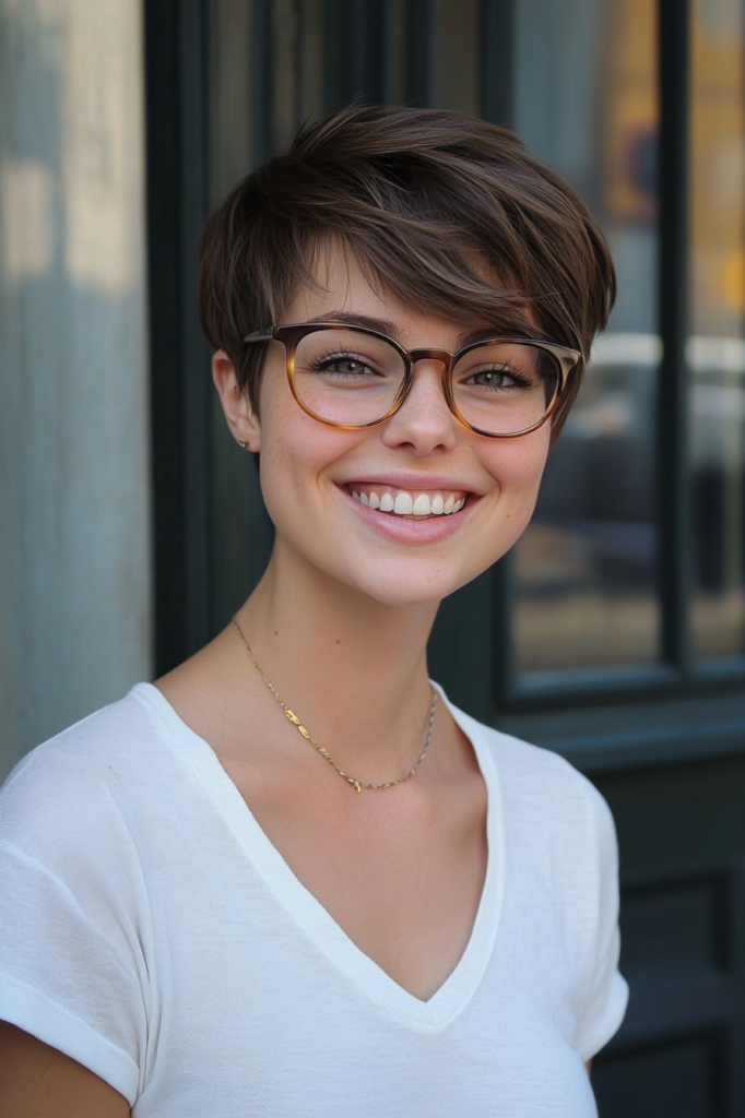 11. Sleek Soft Brunette Pixie Cut with Side Bangs and Glasses