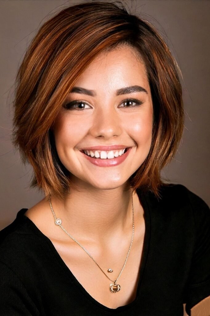 11. Smooth Auburn Side-Swept Bob