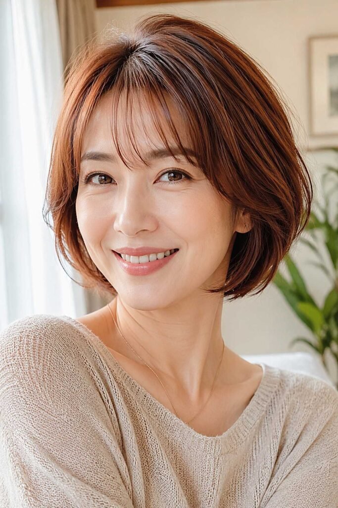 11. Soft Auburn Layered Bob with Wispy Light Fringe