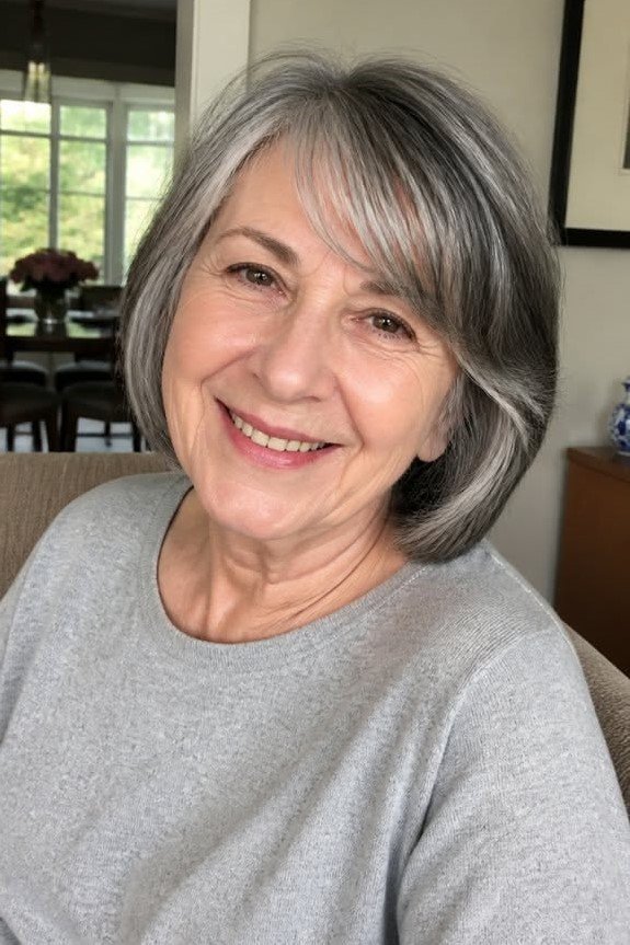 11. Soft Layered Grey Bob with Side-Swept Bangs