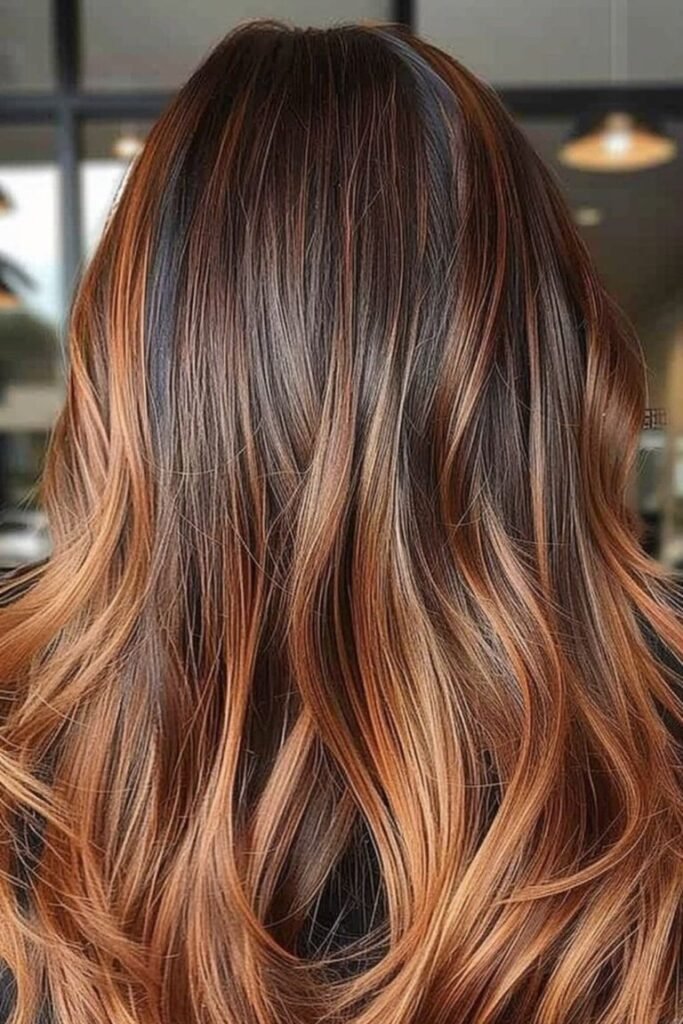11. Soft Layered Waves with Warm Caramel and Copper Streaks