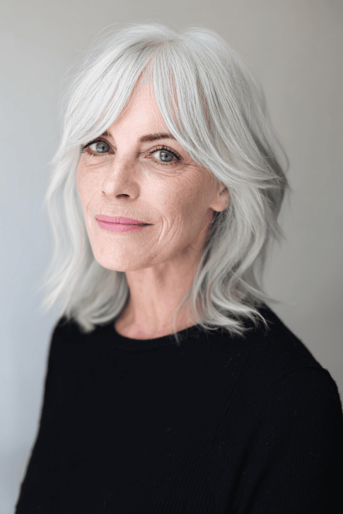 11. Soft Shoulder-Length Silver Shag with Curtain Bangs