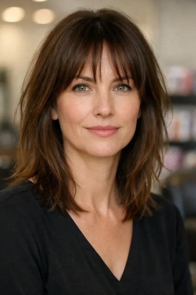 11. Straight Dark Brown Shag with Soft Wispy Fringe Bangs