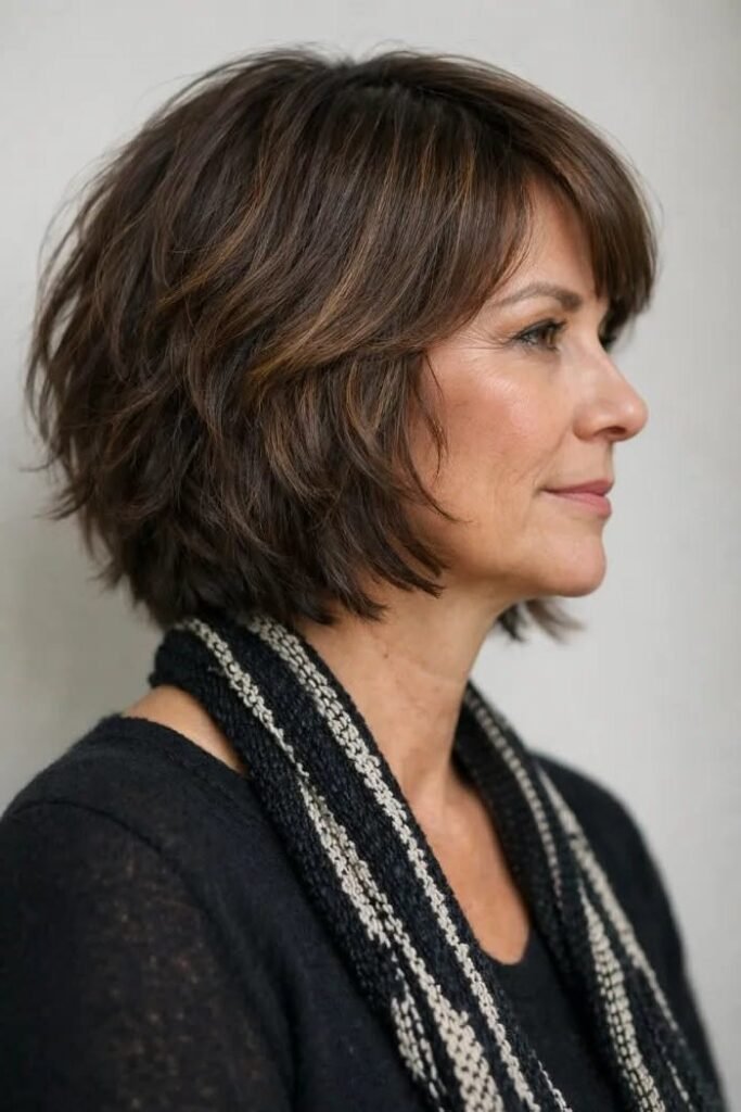 11. Textured Dark Brown Crop with Layered Side Bangs