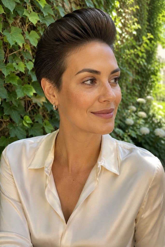 11. Volume-Boosted Brushed-Back Dark Brown Pixie Cut