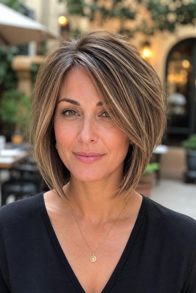 11. Voluminous Layered Light Brown Bob with Subtle Blonde Highlights
