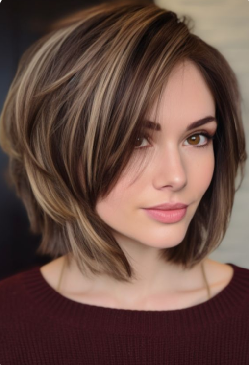 11. Voluminous Short Layered Bob with Fine Golden Highlights