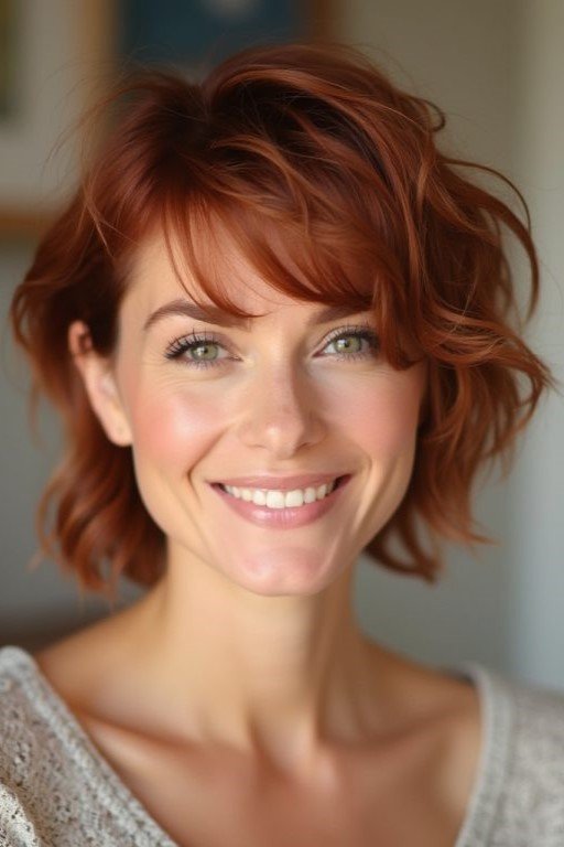 11. Wavy Auburn Red Shag Bob with Side-Swept Bangs