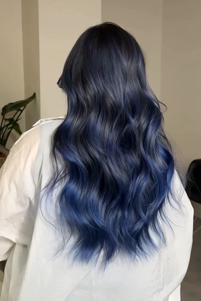 11. (Wavy Espresso Brown Hair with Vivid Cobalt Blue Face-Framing Pieces)