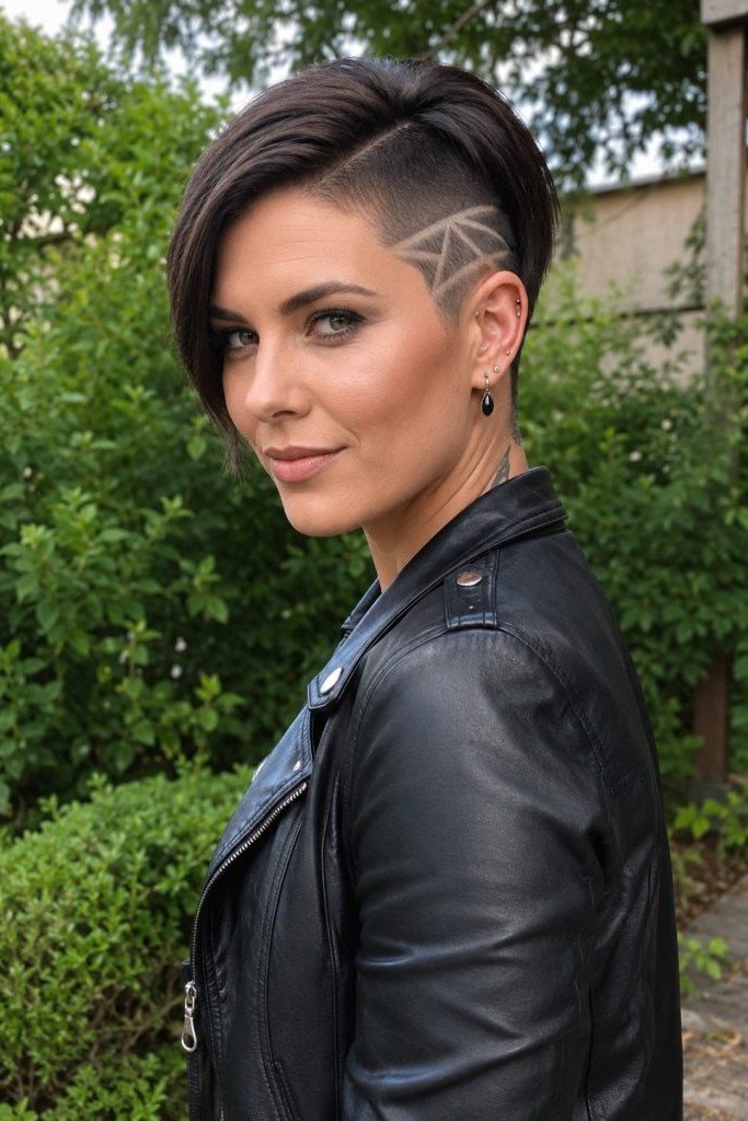 12. Asymmetrical Dark Pixie with Geometric Hair Tattoo Undercut