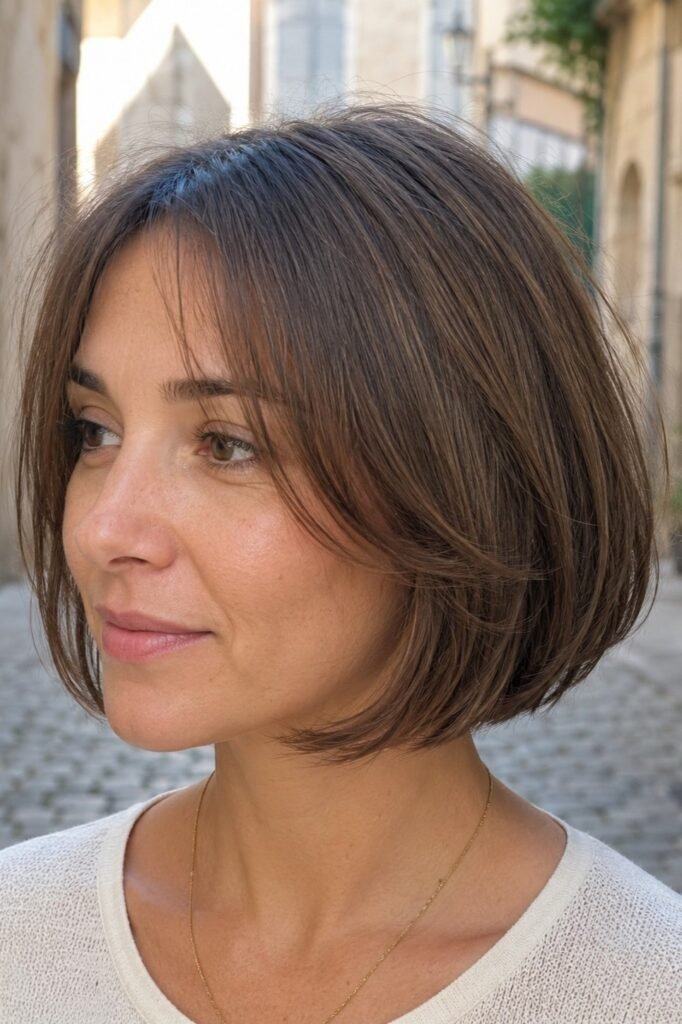 12. Classic Soft Rounded Brunette Bob with Curtain Fringe