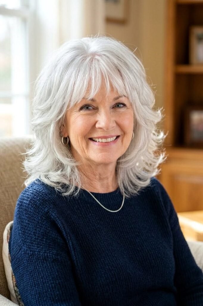 12. Feathered Silver Shag Cut with Full Light Fringe