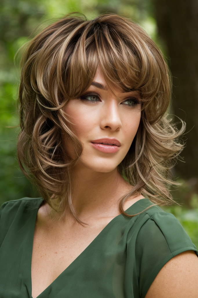 12. Feathered Warm Blonde Shag with Curtain Bangs